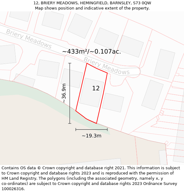 12, BRIERY MEADOWS, HEMINGFIELD, BARNSLEY, S73 0QW: Plot and title map