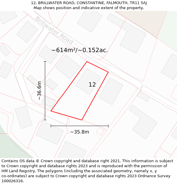 12, BRILLWATER ROAD, CONSTANTINE, FALMOUTH, TR11 5AJ: Plot and title map