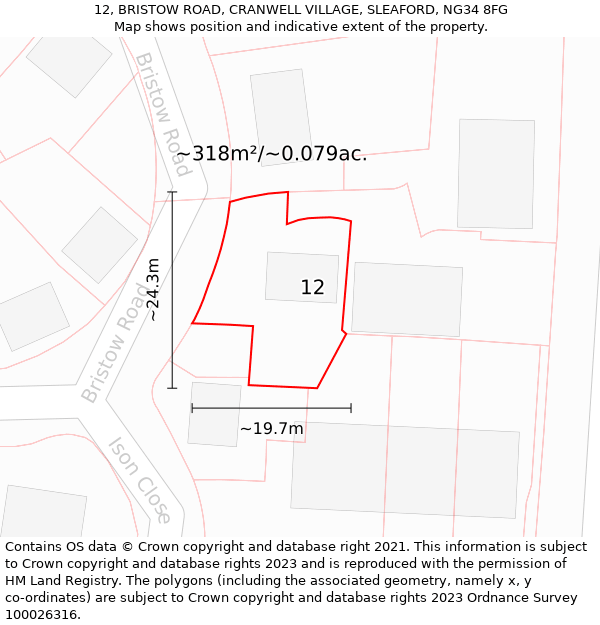 12, BRISTOW ROAD, CRANWELL VILLAGE, SLEAFORD, NG34 8FG: Plot and title map