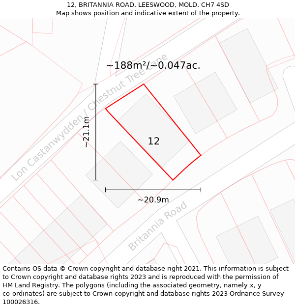 12, BRITANNIA ROAD, LEESWOOD, MOLD, CH7 4SD: Plot and title map