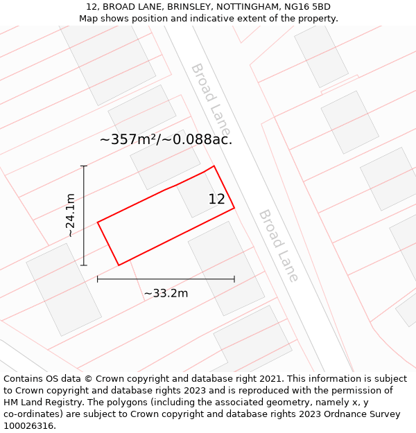 12, BROAD LANE, BRINSLEY, NOTTINGHAM, NG16 5BD: Plot and title map