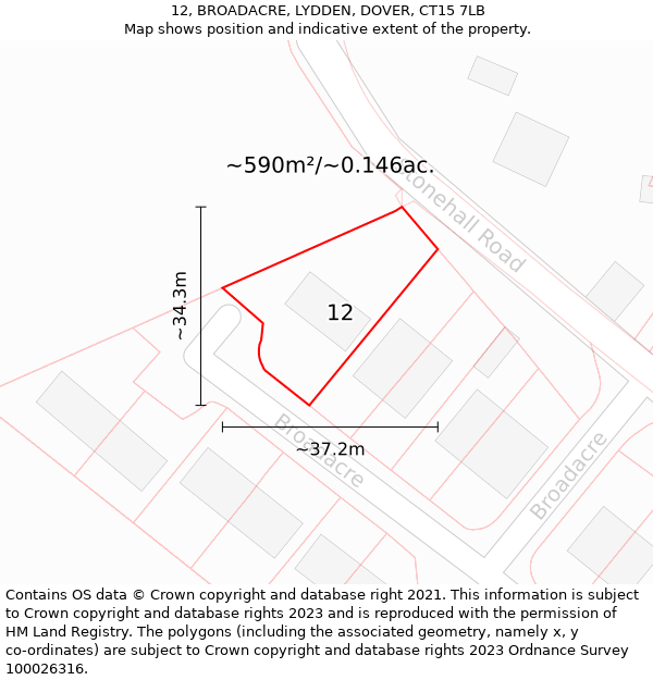 12, BROADACRE, LYDDEN, DOVER, CT15 7LB: Plot and title map