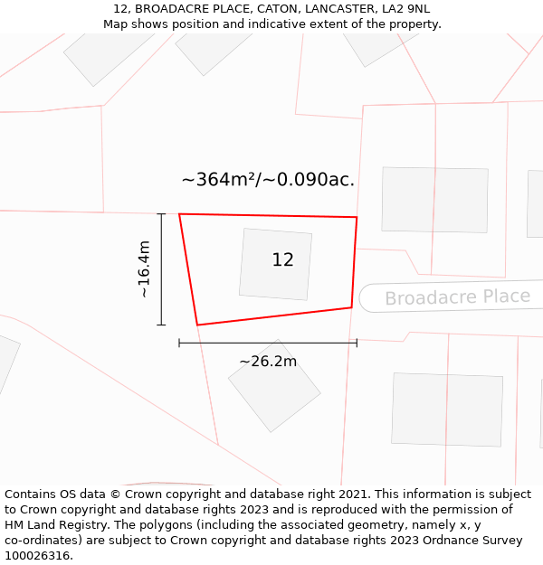 12, BROADACRE PLACE, CATON, LANCASTER, LA2 9NL: Plot and title map