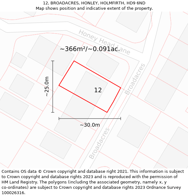 12, BROADACRES, HONLEY, HOLMFIRTH, HD9 6ND: Plot and title map