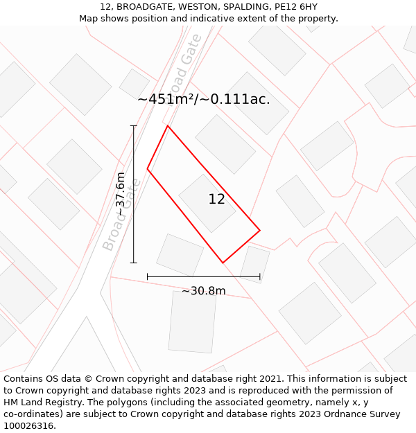 12, BROADGATE, WESTON, SPALDING, PE12 6HY: Plot and title map