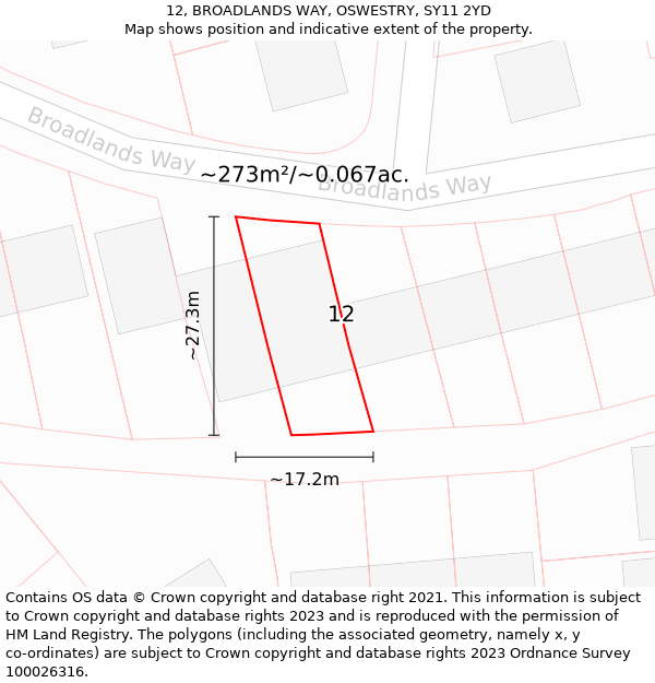 12, BROADLANDS WAY, OSWESTRY, SY11 2YD: Plot and title map