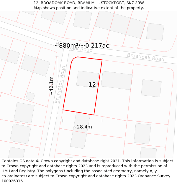 12, BROADOAK ROAD, BRAMHALL, STOCKPORT, SK7 3BW: Plot and title map