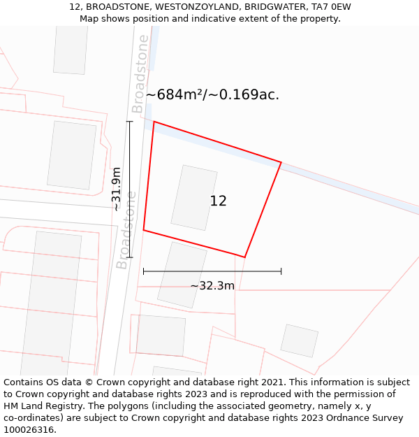 12, BROADSTONE, WESTONZOYLAND, BRIDGWATER, TA7 0EW: Plot and title map