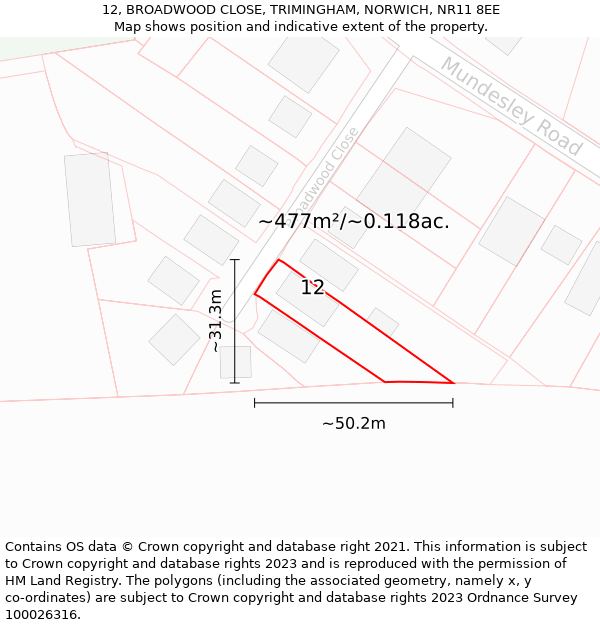 12, BROADWOOD CLOSE, TRIMINGHAM, NORWICH, NR11 8EE: Plot and title map