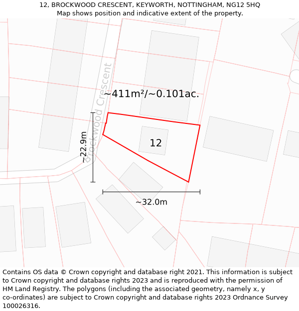 12, BROCKWOOD CRESCENT, KEYWORTH, NOTTINGHAM, NG12 5HQ: Plot and title map