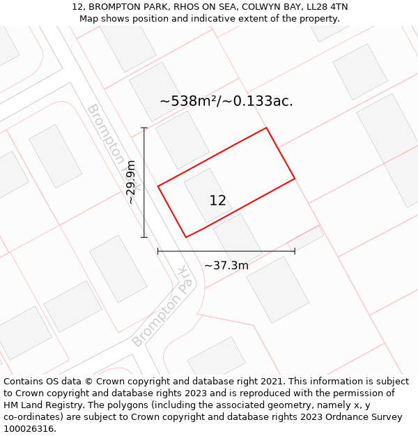 12, BROMPTON PARK, RHOS ON SEA, COLWYN BAY, LL28 4TN: Plot and title map