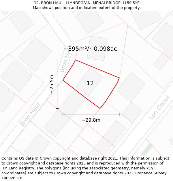 12, BRON HAUL, LLANDEGFAN, MENAI BRIDGE, LL59 5YF: Plot and title map