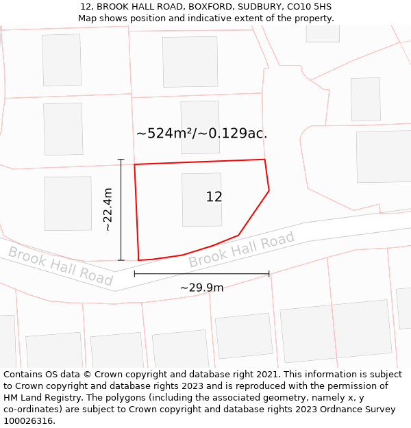 12, BROOK HALL ROAD, BOXFORD, SUDBURY, CO10 5HS: Plot and title map