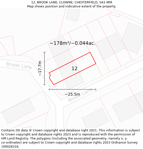 12, BROOK LANE, CLOWNE, CHESTERFIELD, S43 4RR: Plot and title map