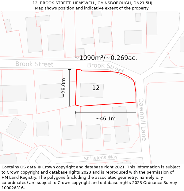 12, BROOK STREET, HEMSWELL, GAINSBOROUGH, DN21 5UJ: Plot and title map