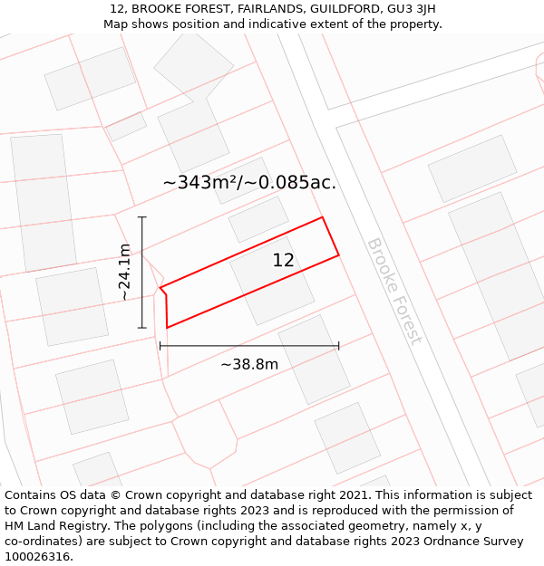 12, BROOKE FOREST, FAIRLANDS, GUILDFORD, GU3 3JH: Plot and title map