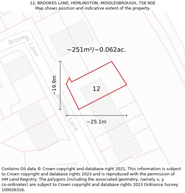 12, BROOKES LANE, HEMLINGTON, MIDDLESBROUGH, TS8 9GE: Plot and title map