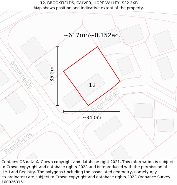 12, BROOKFIELDS, CALVER, HOPE VALLEY, S32 3XB: Plot and title map