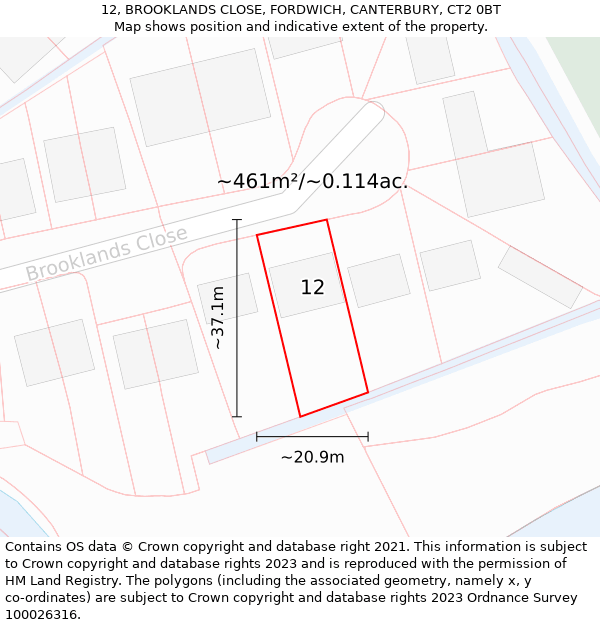 12, BROOKLANDS CLOSE, FORDWICH, CANTERBURY, CT2 0BT: Plot and title map