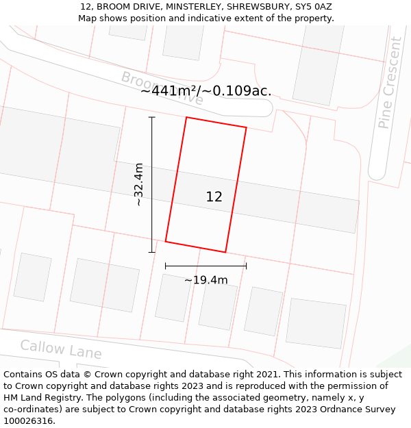 12, BROOM DRIVE, MINSTERLEY, SHREWSBURY, SY5 0AZ: Plot and title map