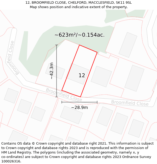 12, BROOMFIELD CLOSE, CHELFORD, MACCLESFIELD, SK11 9SL: Plot and title map