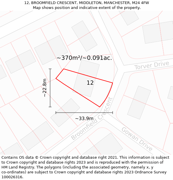 12, BROOMFIELD CRESCENT, MIDDLETON, MANCHESTER, M24 4FW: Plot and title map