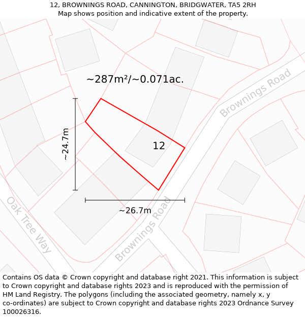 12, BROWNINGS ROAD, CANNINGTON, BRIDGWATER, TA5 2RH: Plot and title map