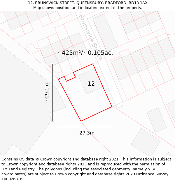 12, BRUNSWICK STREET, QUEENSBURY, BRADFORD, BD13 1AX: Plot and title map