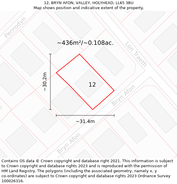 12, BRYN AFON, VALLEY, HOLYHEAD, LL65 3BU: Plot and title map