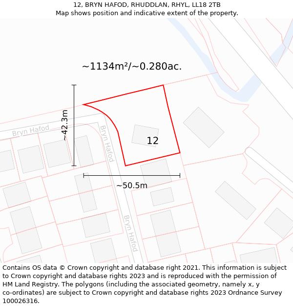 12, BRYN HAFOD, RHUDDLAN, RHYL, LL18 2TB: Plot and title map