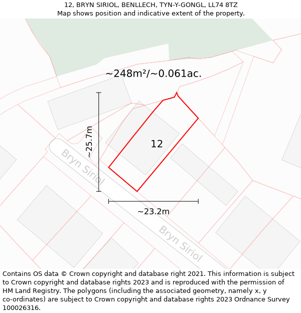 12, BRYN SIRIOL, BENLLECH, TYN-Y-GONGL, LL74 8TZ: Plot and title map