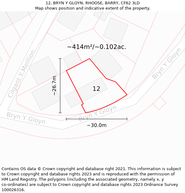 12, BRYN Y GLOYN, RHOOSE, BARRY, CF62 3LD: Plot and title map