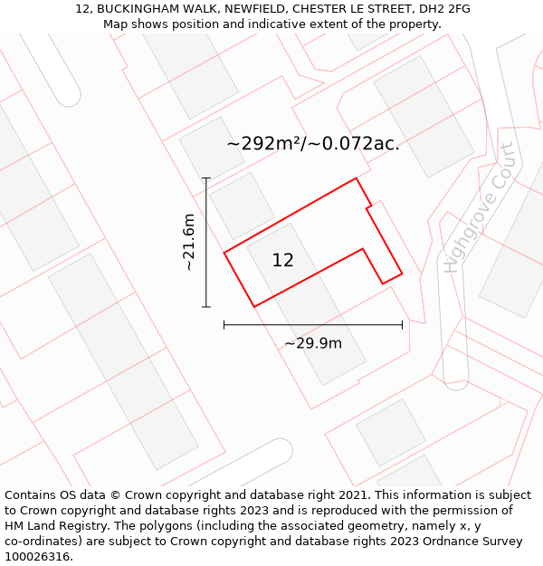 12, BUCKINGHAM WALK, NEWFIELD, CHESTER LE STREET, DH2 2FG: Plot and title map