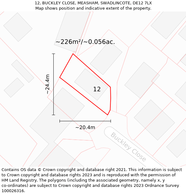 12, BUCKLEY CLOSE, MEASHAM, SWADLINCOTE, DE12 7LX: Plot and title map