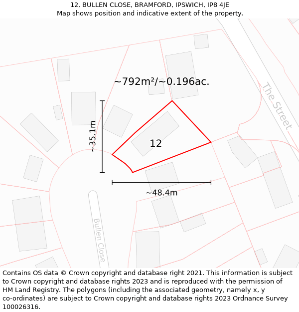 12, BULLEN CLOSE, BRAMFORD, IPSWICH, IP8 4JE: Plot and title map