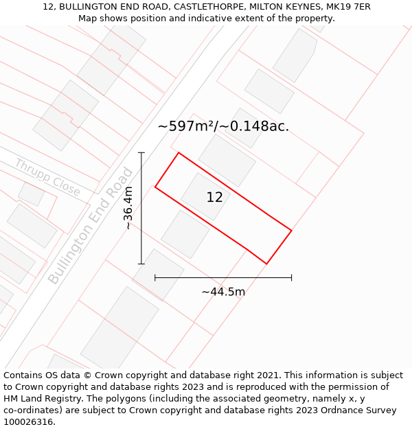 12, BULLINGTON END ROAD, CASTLETHORPE, MILTON KEYNES, MK19 7ER: Plot and title map