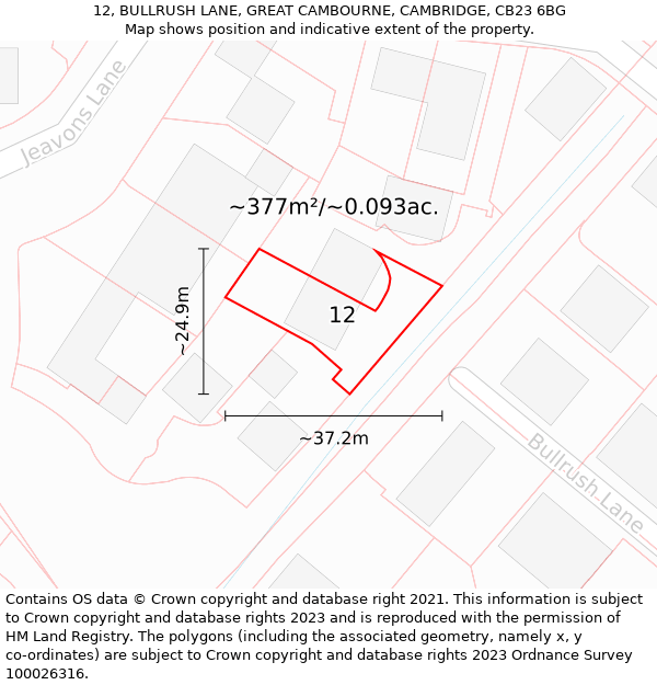 12, BULLRUSH LANE, GREAT CAMBOURNE, CAMBRIDGE, CB23 6BG: Plot and title map