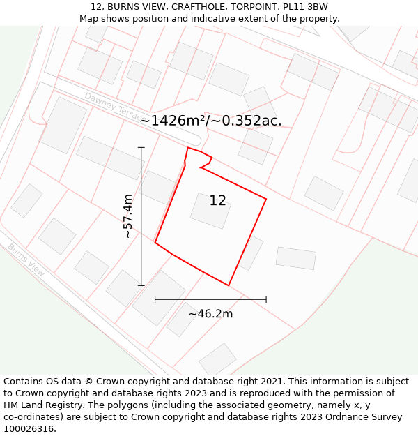 12, BURNS VIEW, CRAFTHOLE, TORPOINT, PL11 3BW: Plot and title map