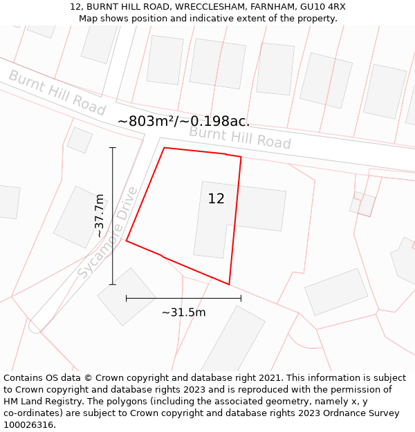 12, BURNT HILL ROAD, WRECCLESHAM, FARNHAM, GU10 4RX: Plot and title map