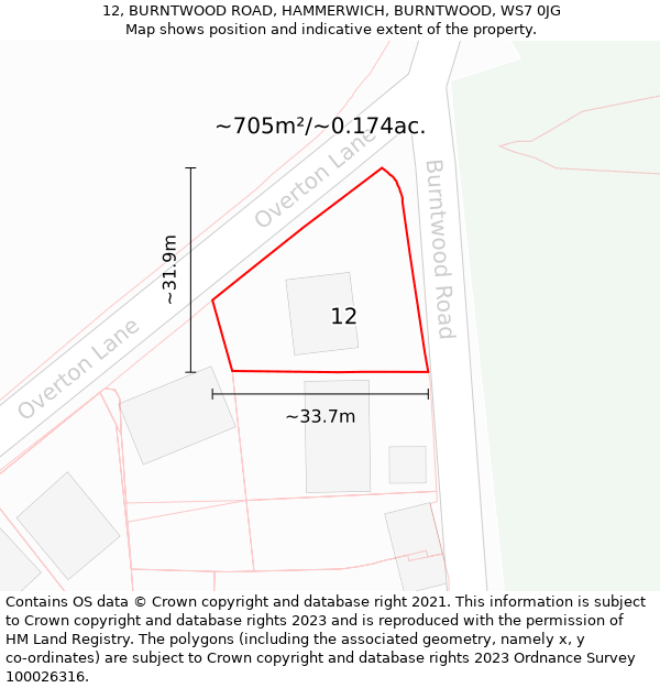 12, BURNTWOOD ROAD, HAMMERWICH, BURNTWOOD, WS7 0JG: Plot and title map