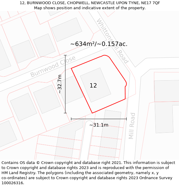 12, BURNWOOD CLOSE, CHOPWELL, NEWCASTLE UPON TYNE, NE17 7QF: Plot and title map