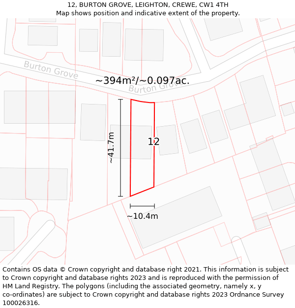 12, BURTON GROVE, LEIGHTON, CREWE, CW1 4TH: Plot and title map