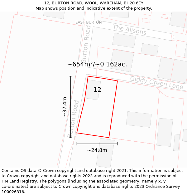 12, BURTON ROAD, WOOL, WAREHAM, BH20 6EY: Plot and title map