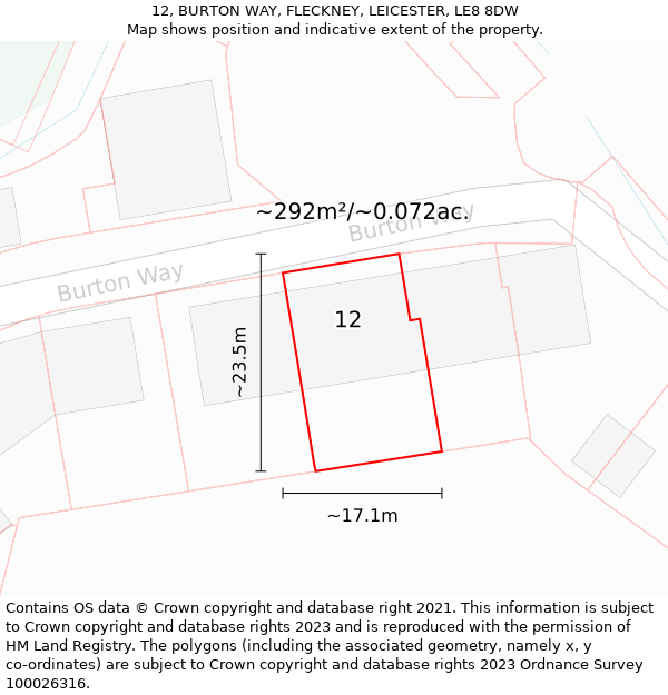 12, BURTON WAY, FLECKNEY, LEICESTER, LE8 8DW: Plot and title map