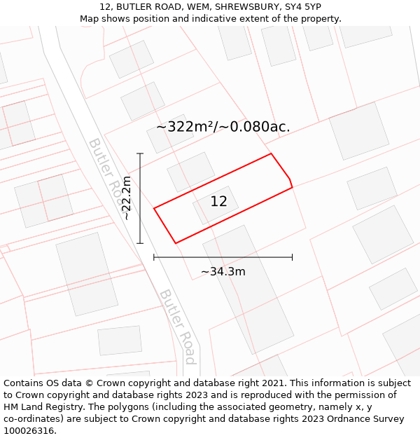 12, BUTLER ROAD, WEM, SHREWSBURY, SY4 5YP: Plot and title map