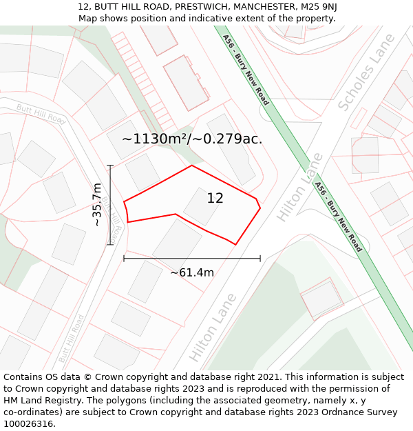 12, BUTT HILL ROAD, PRESTWICH, MANCHESTER, M25 9NJ: Plot and title map