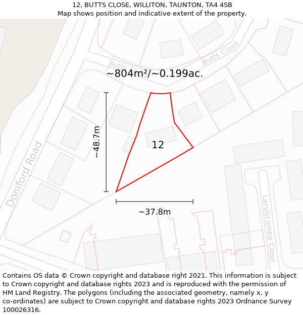 12, BUTTS CLOSE, WILLITON, TAUNTON, TA4 4SB: Plot and title map