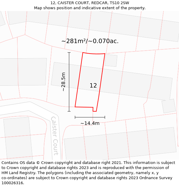 12, CAISTER COURT, REDCAR, TS10 2SW: Plot and title map