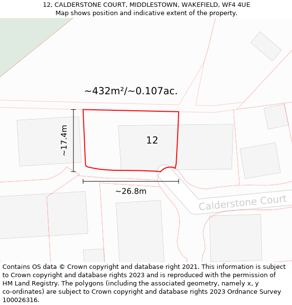 12, CALDERSTONE COURT, MIDDLESTOWN, WAKEFIELD, WF4 4UE: Plot and title map