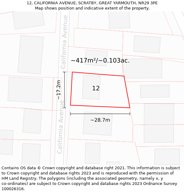 12, CALIFORNIA AVENUE, SCRATBY, GREAT YARMOUTH, NR29 3PE: Plot and title map